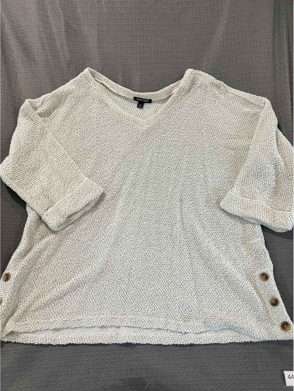Robert Louis Women 2X Ivory Open Knit V-Neck Tunic Sweater Side Buttons